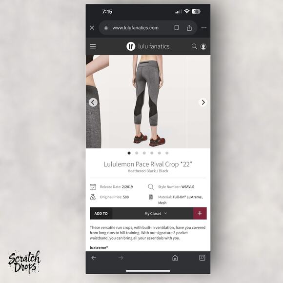 Lululemon Pace Rival Crop Leggings 22 Inch Black Size 4 High Rise Activewear - Picture 4 of 6